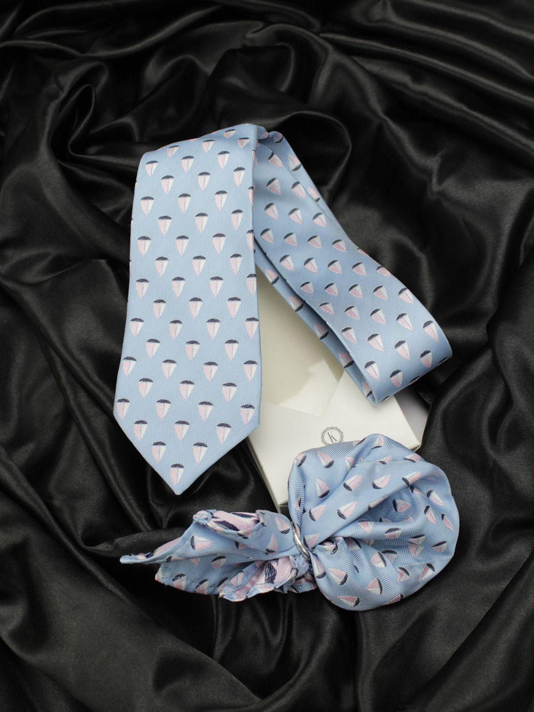 kovove blue printed neck tie & pocket square accessory gift set