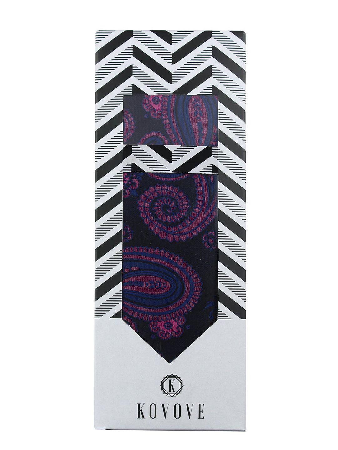 kovove men black & purple pack of 2 printed tie & pocket square set