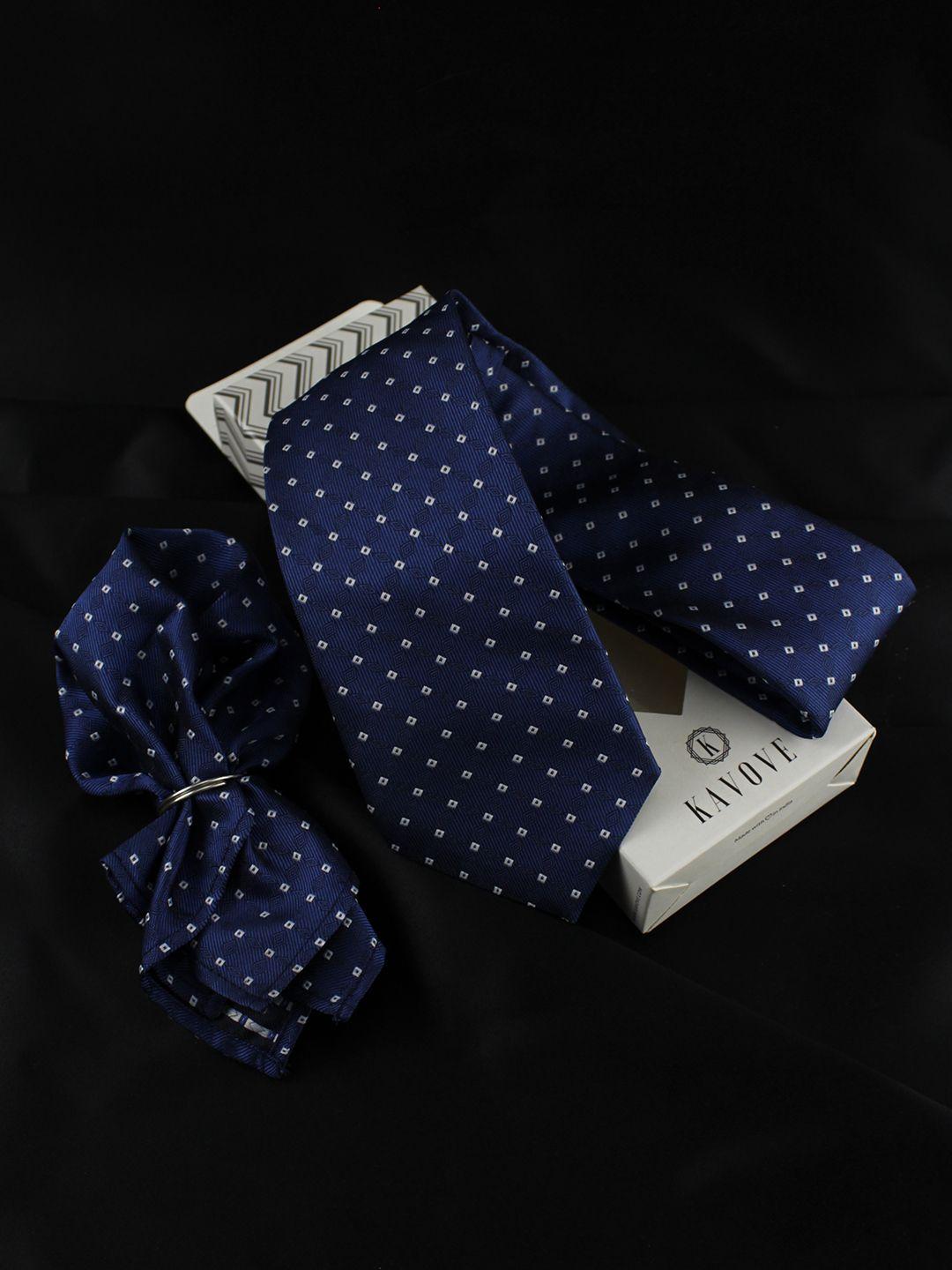 kovove men blue & white printed neck tie & pocket square accessory gift set