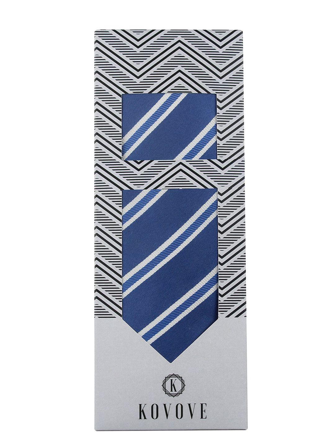 kovove men blue striped neck tie & pocket square accessory gift set