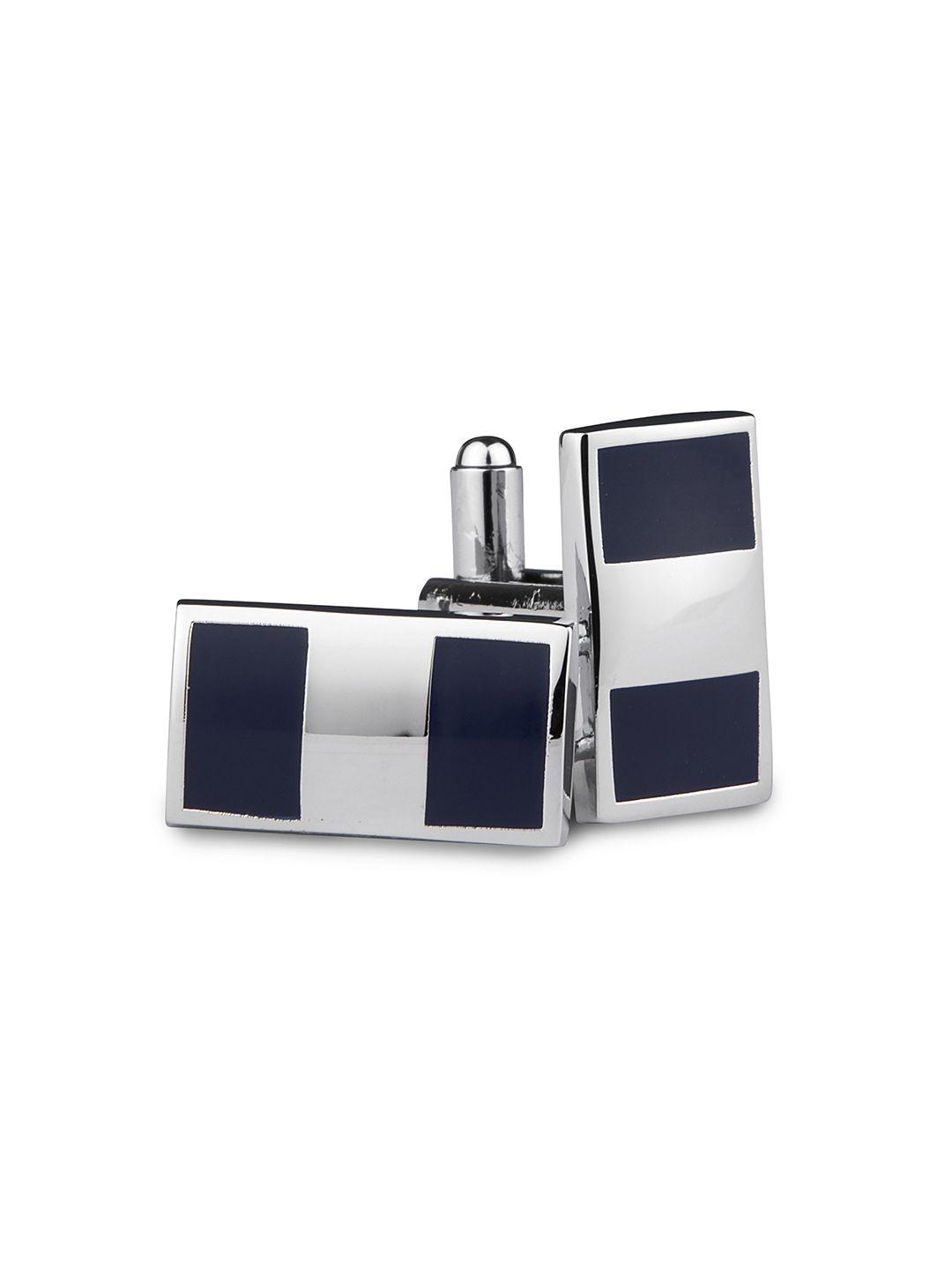 kovove men silver-toned & navy blue colourblocked rectangle cufflinks