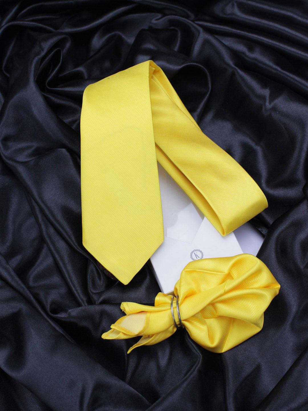 kovove men yellow solid neck tie & pocket square accessory gift set
