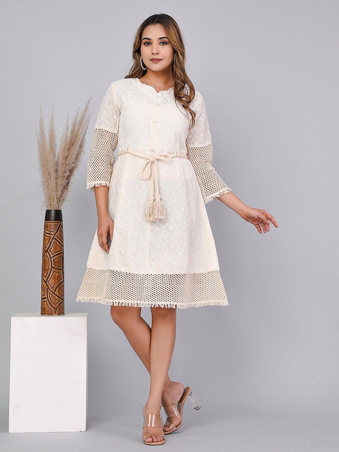 kpf ethnic motifs embroidered sweetheart neck cotton tie-up a-line dress