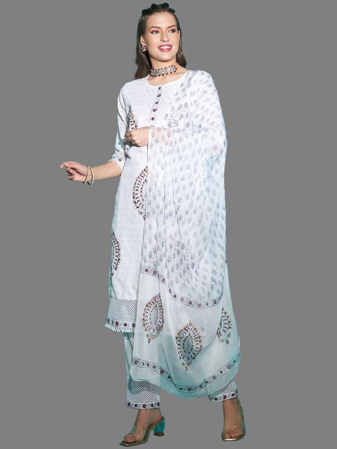 kpf floral embroidered pure cotton kurta with trousers & dupatta