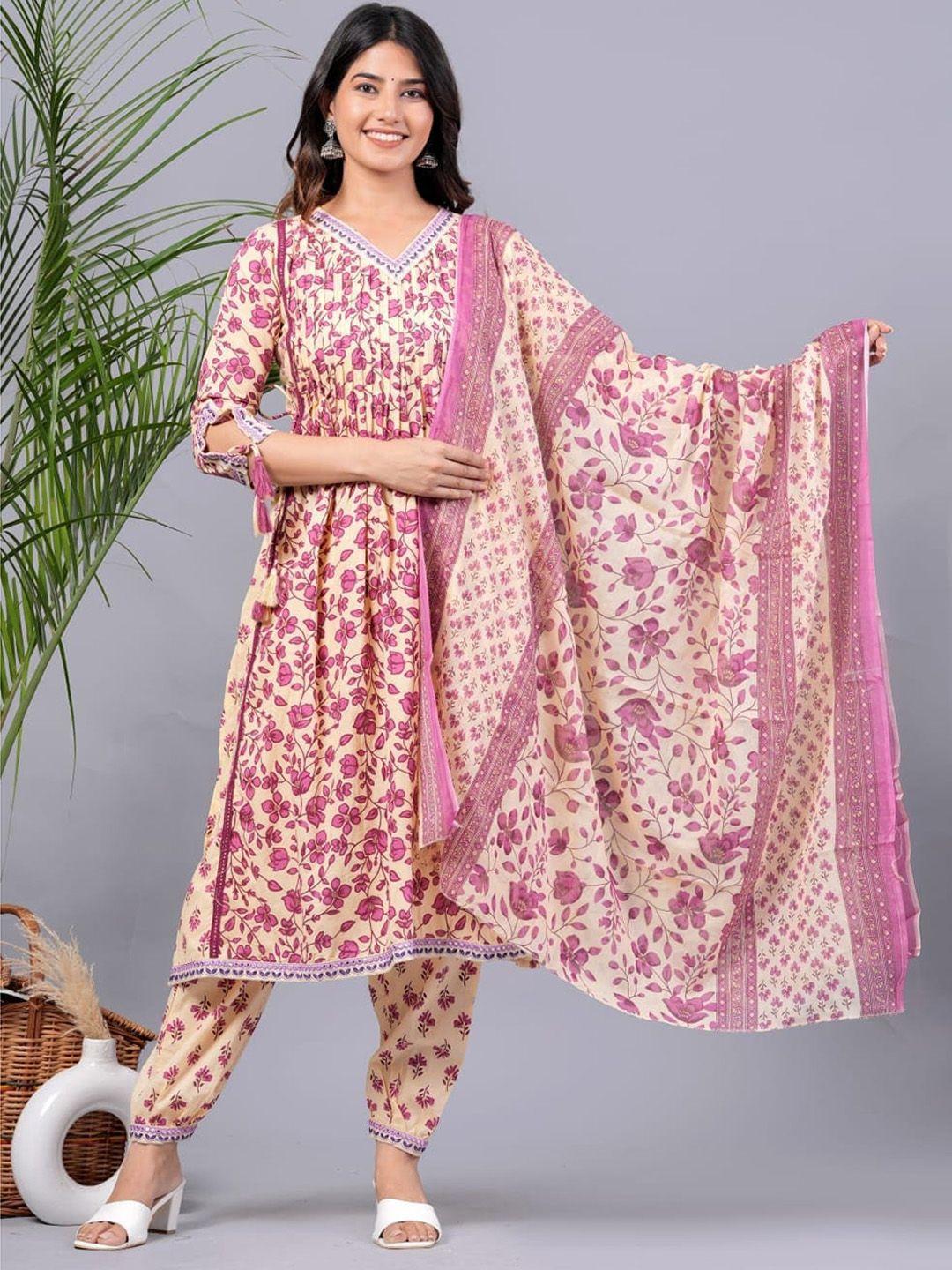 kpf floral printed regular pure cotton kurta with trousers & dupatta