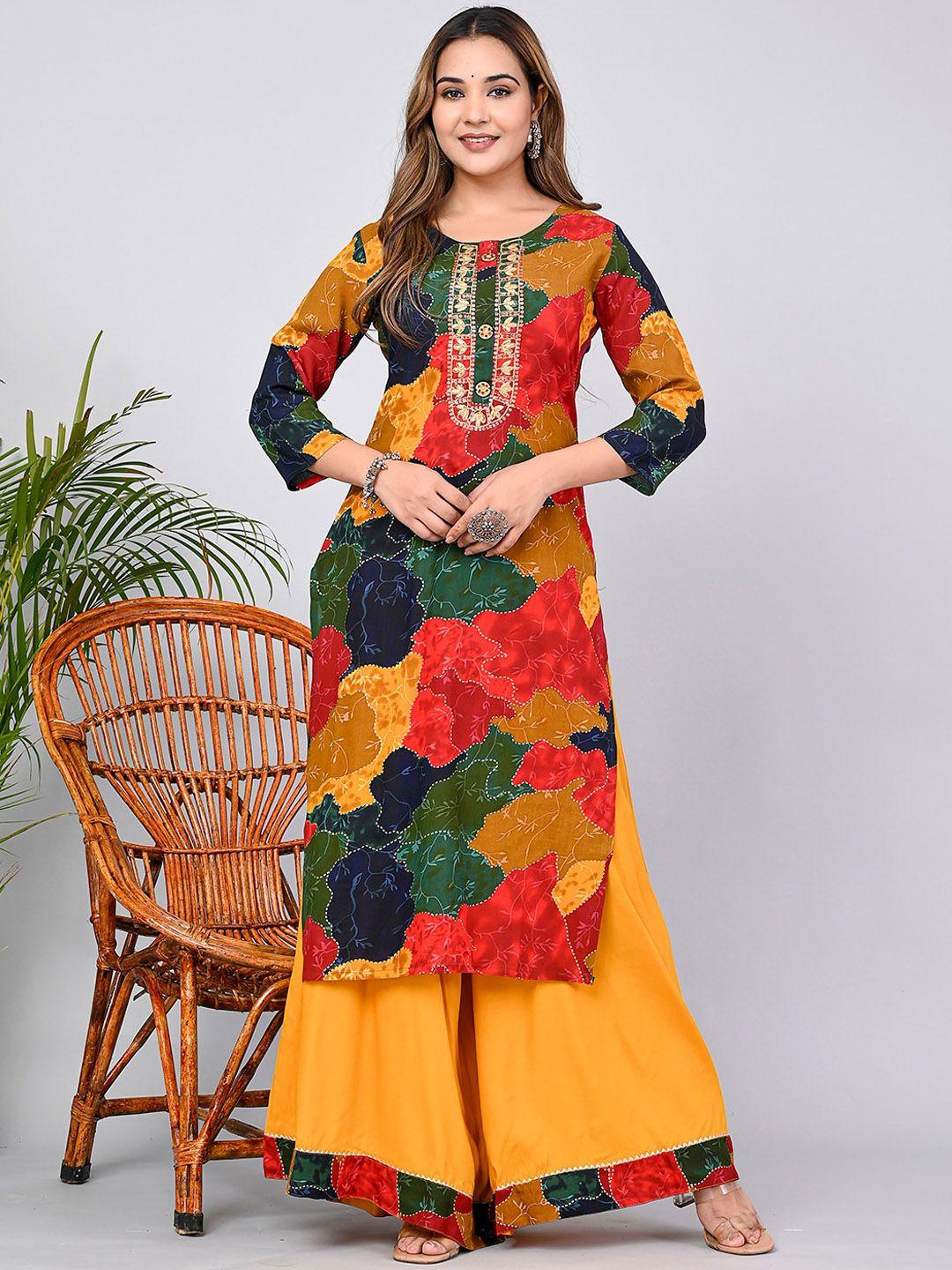 kpf floral printed sequinned detailed straight kurta with palazzos