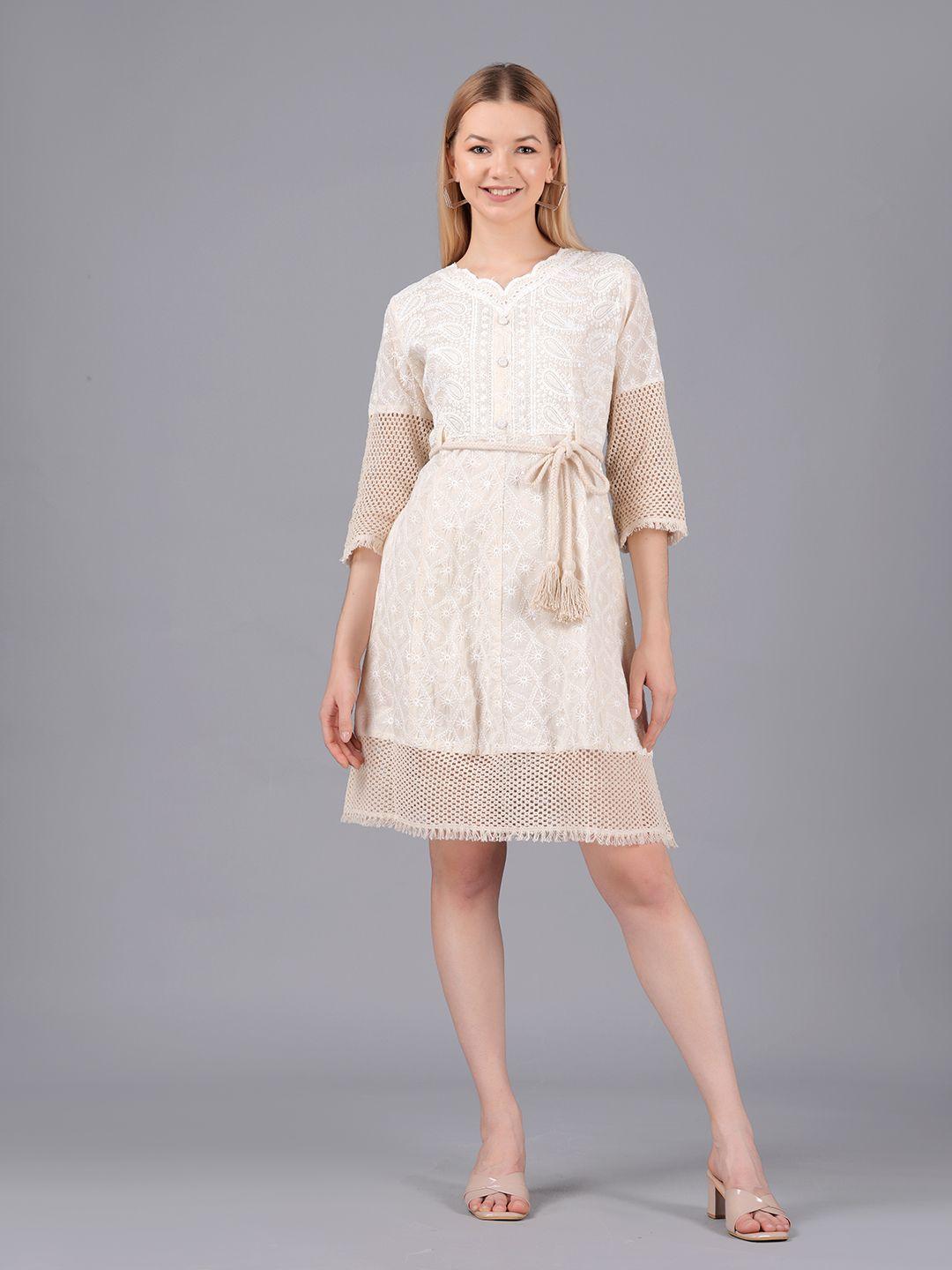 kpf paisley embroidered v-neck lace inserts cotton casual a-line dress