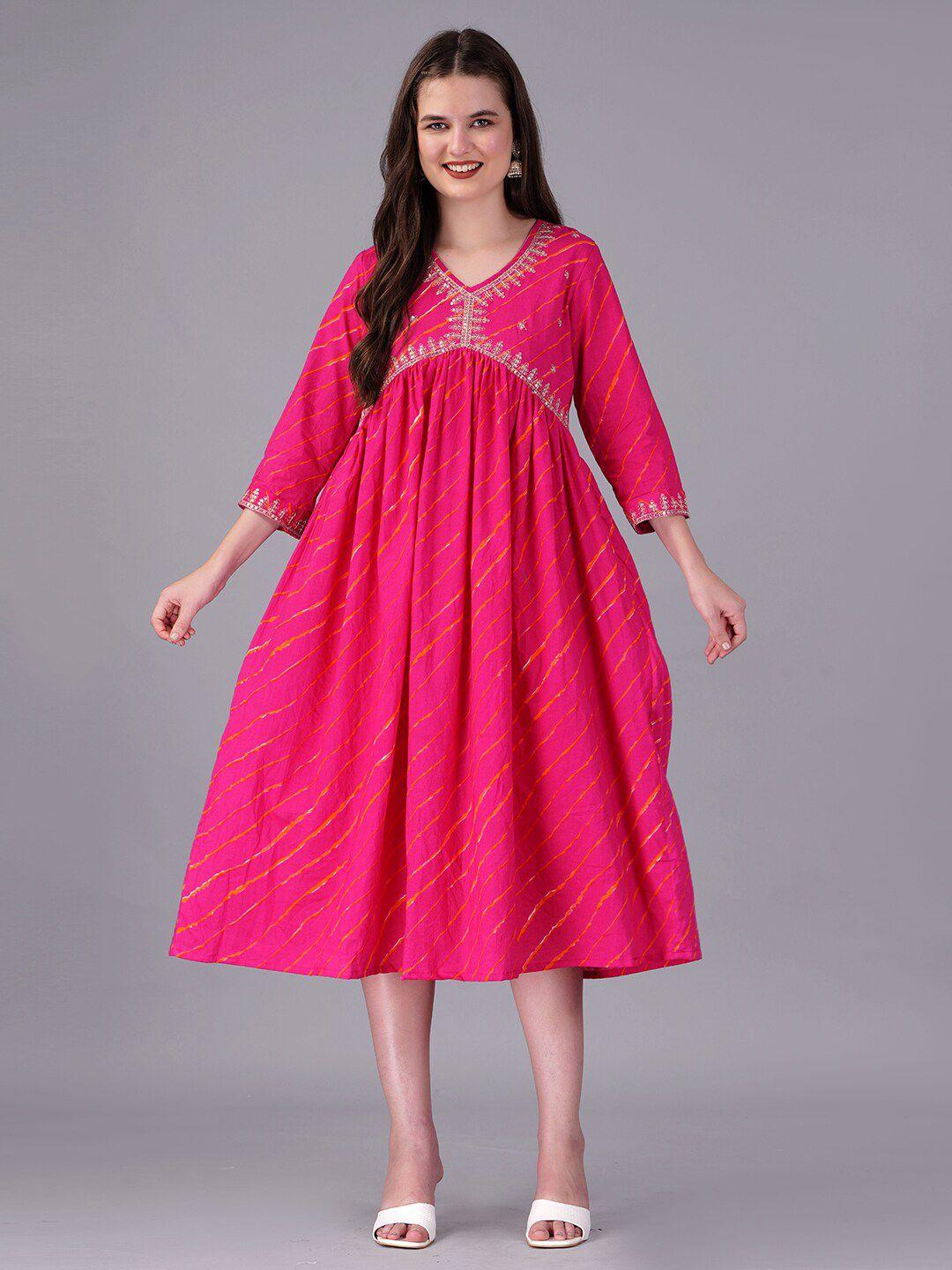 kpf pink print fit & flare midi dress