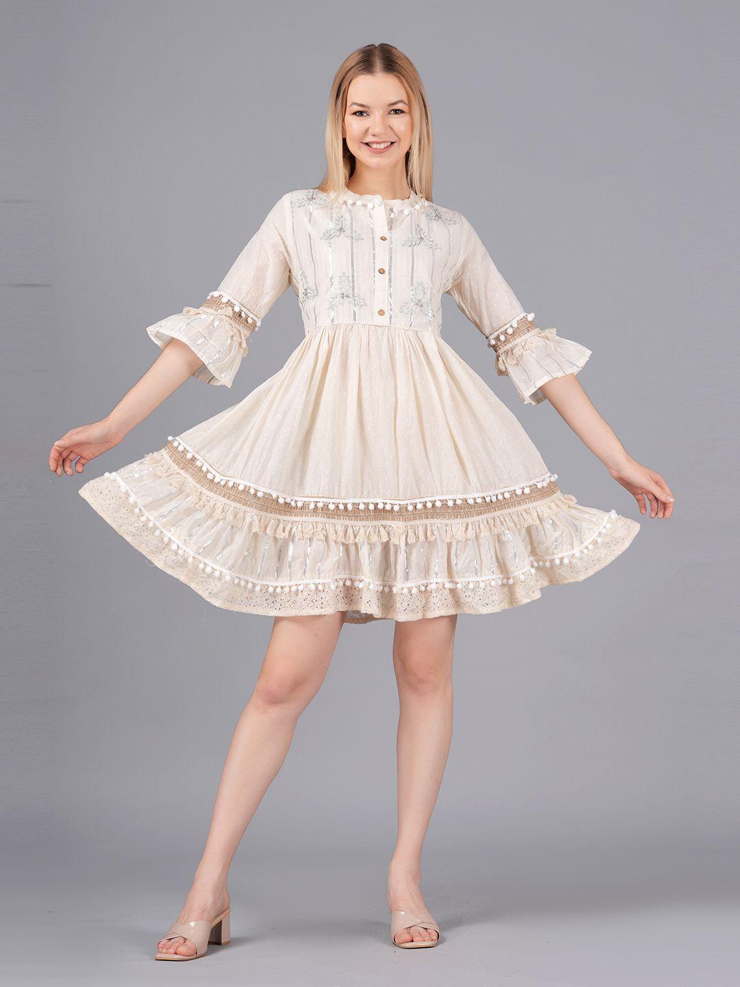 kpf self design band collar bell sleeves embroidered cotton fit & flare dress