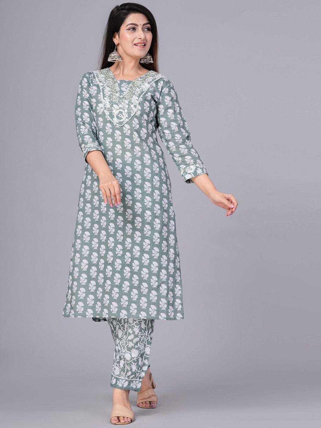 kpf women floral printed regular pure cotton kurta with trousers & dupatta