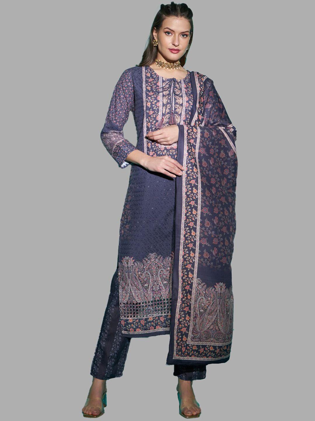 kpf women navy blue floral printed regular pure cotton kurta with trousers & with dupatta