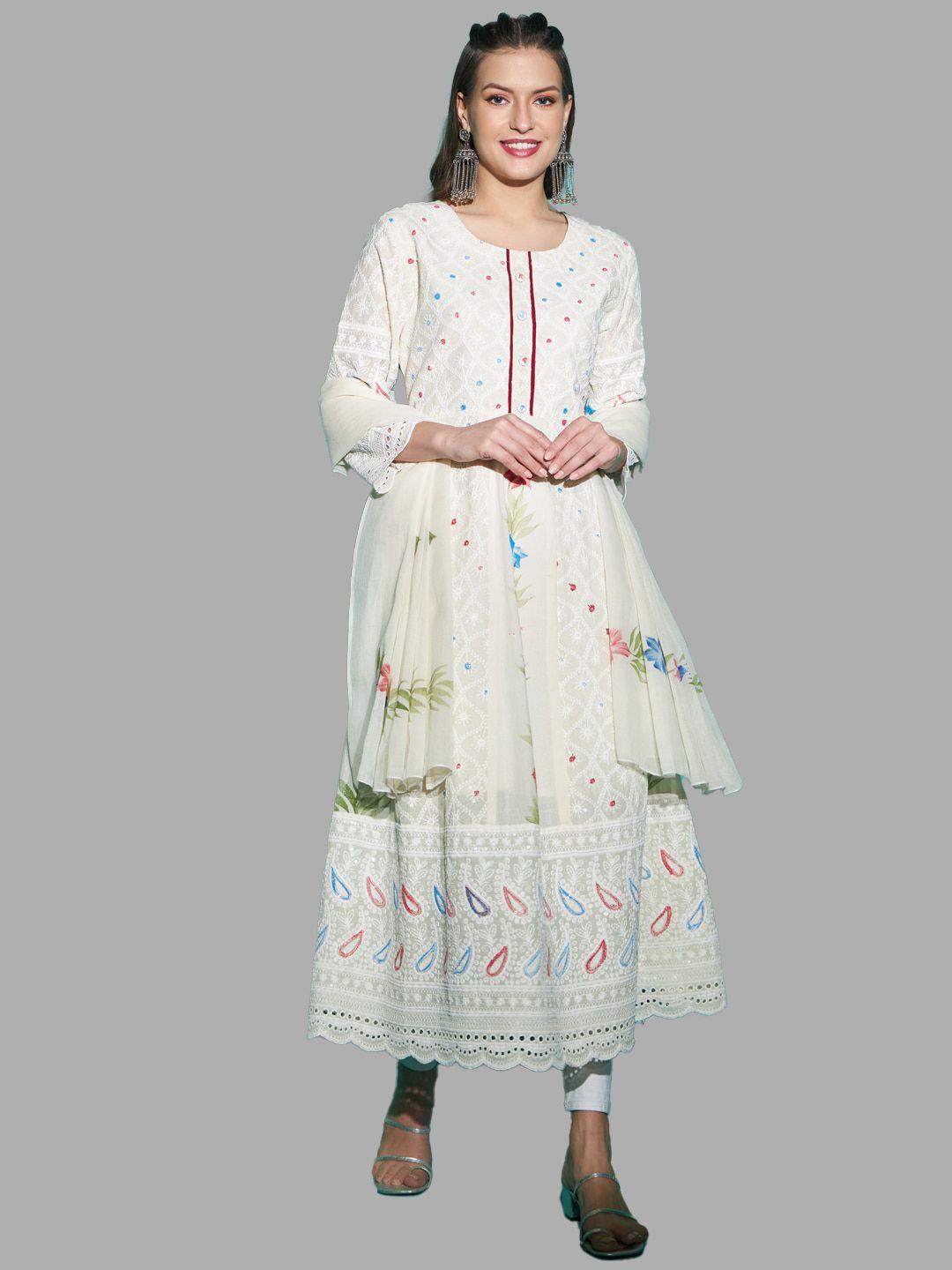 kpf women off white geometric embroidered flared sleeves sequinned anarkali kurta