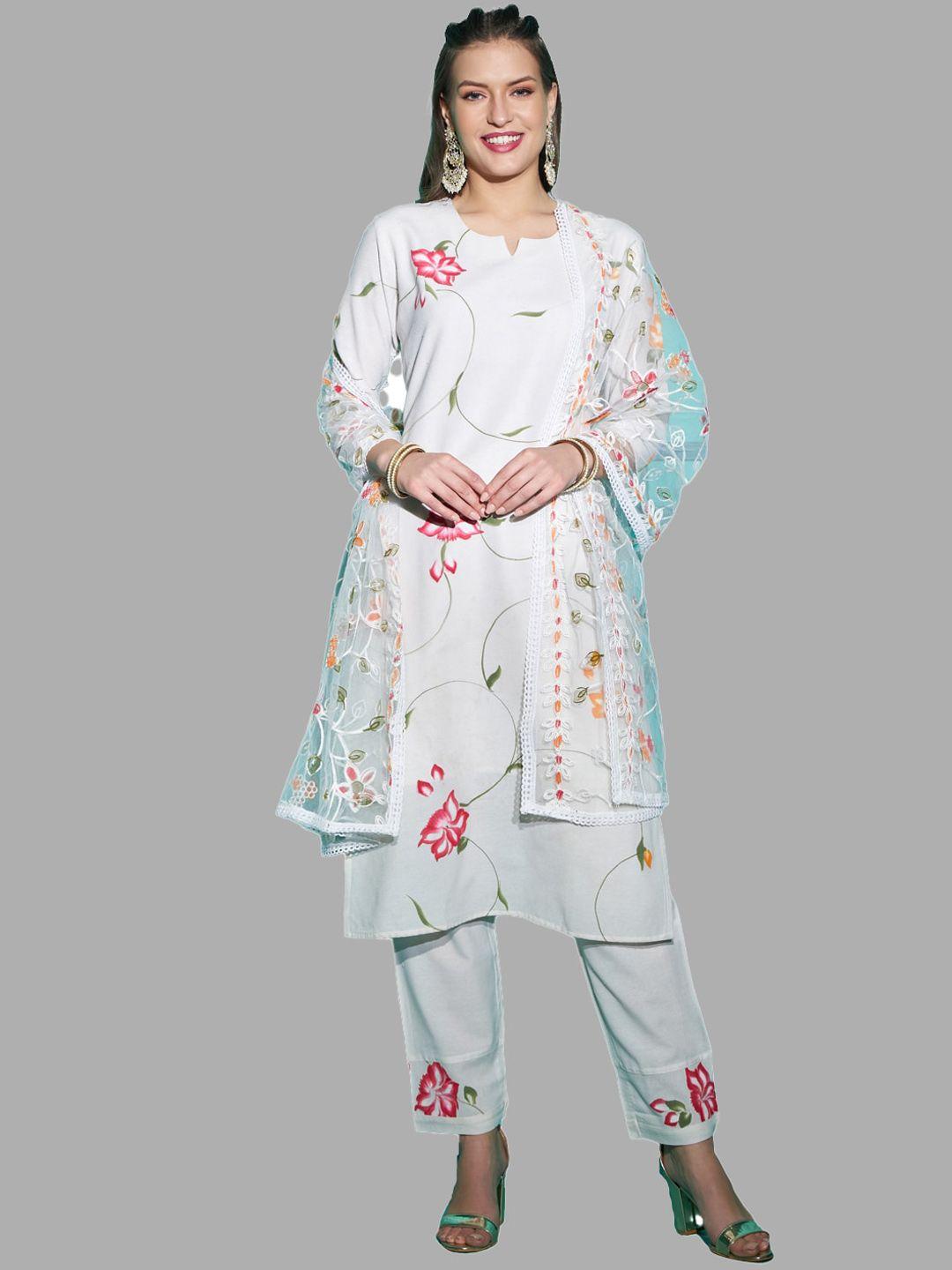 kpf women white floral printed regular pure cotton kurta with trousers & with dupatta