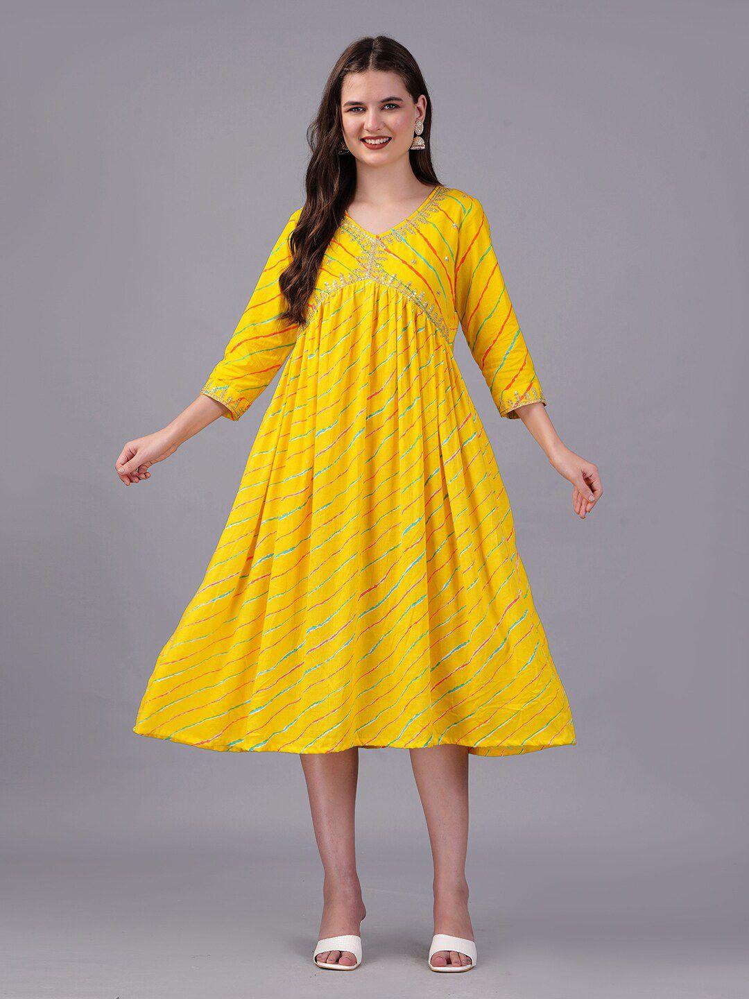 kpf yellow print fit & flare midi dress