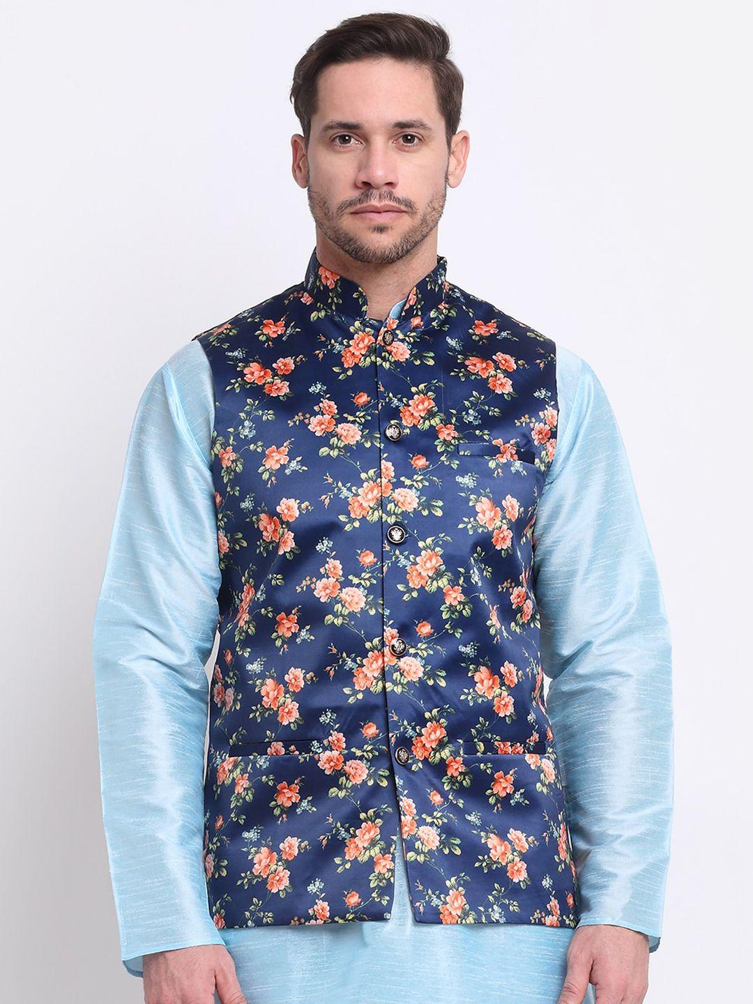 kraft india men blue & orange floral printed satin nehru jacket