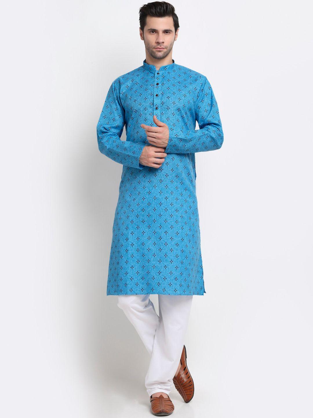 kraft india men blue ethnic motifs regular pure cotton kurta with pyjamas