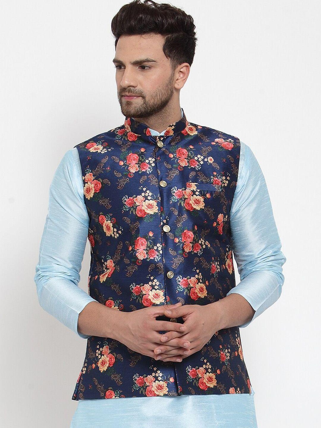 kraft india men blue silk printed mandarin collar nehru jacket