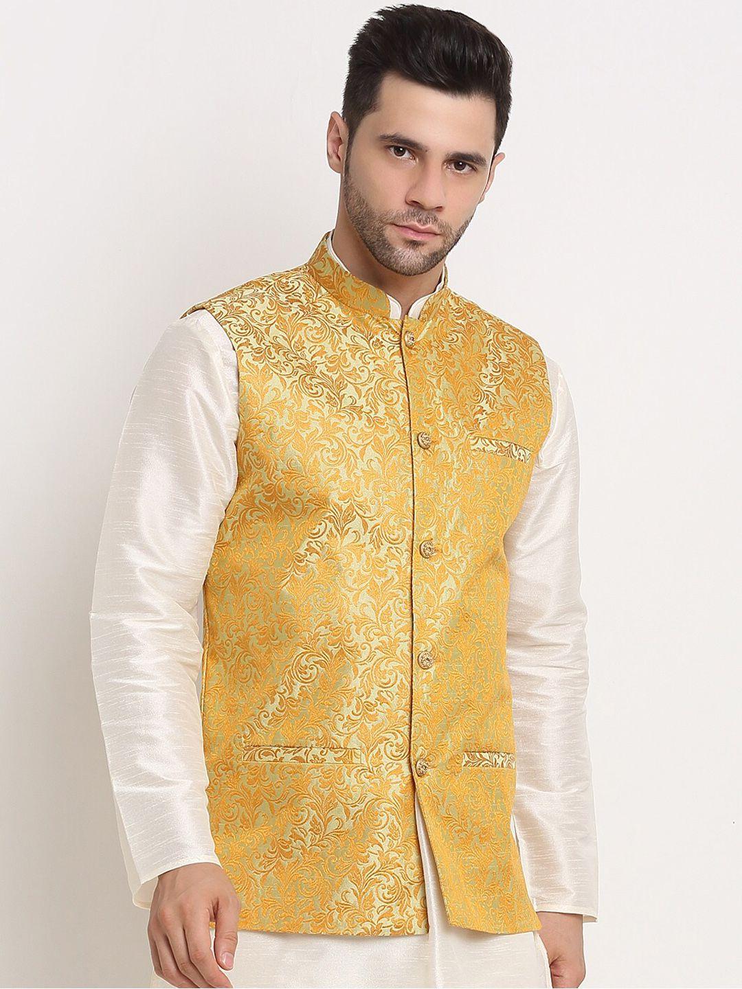 kraft-india-men-gold-toned-jacquard-woven-design-nehru-jacket