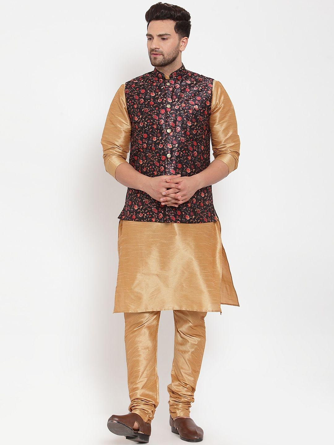 kraft india men gold-toned regular dupion silk kurta & churidar with nehru jacket