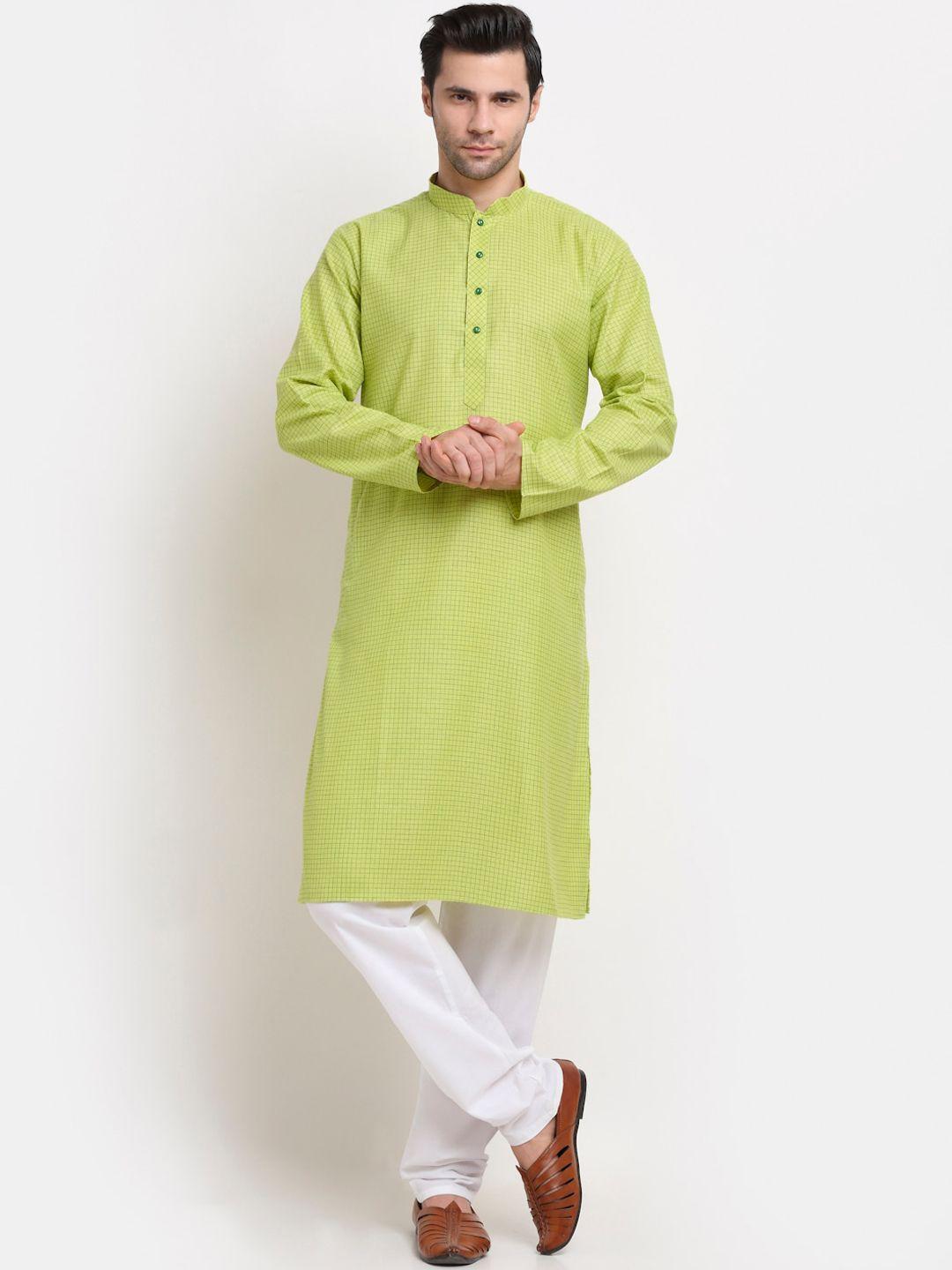 kraft india men green checked pure cotton straight kurta