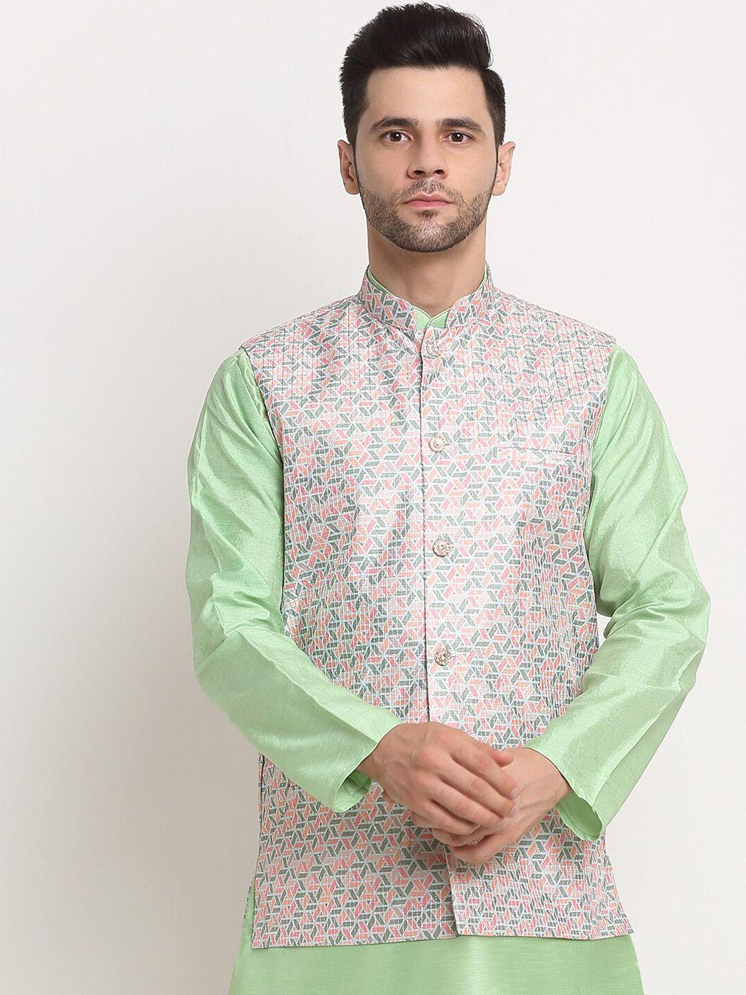 kraft india men green woven design nehru jacket