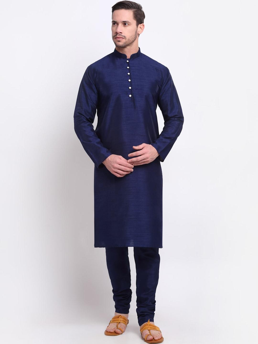 kraft india men navy blue pleated kurta with pyjamas