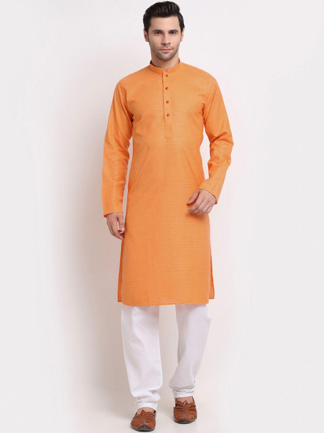 kraft india men orange micro checked cotton kurta