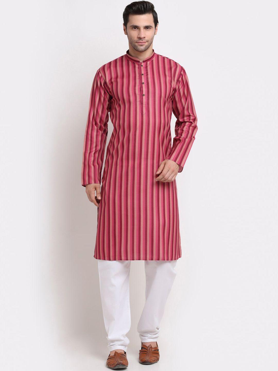kraft india men pink striped regular pure cotton kurta with pyjamas