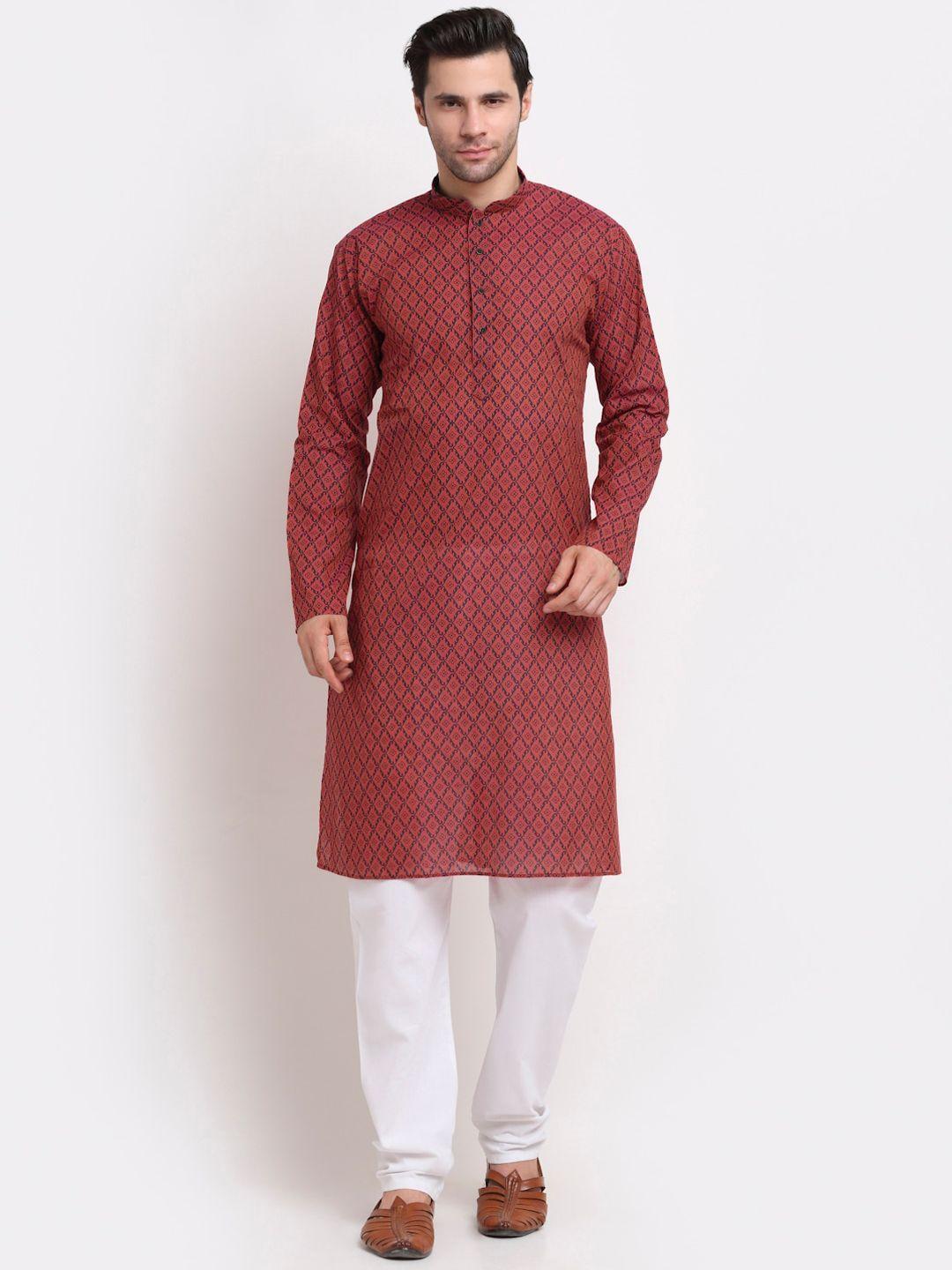 kraft india men red ethnic motifs printed regular pure cotton kurta with pyjamas