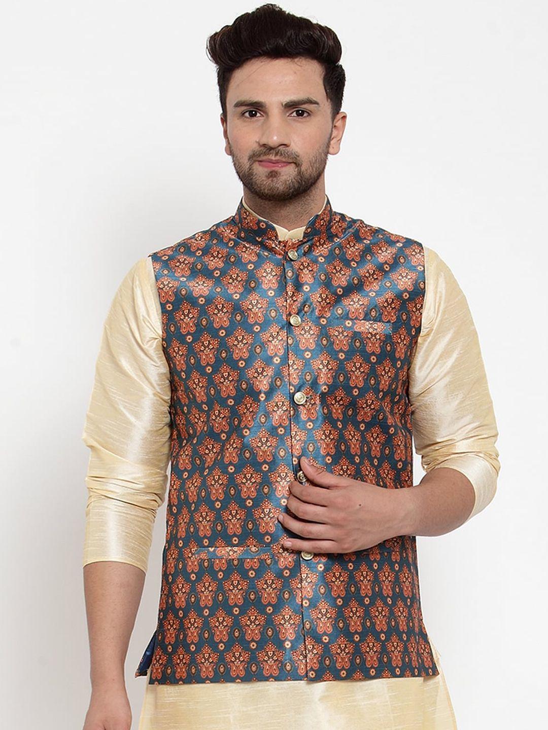kraft-india-men-teal-silk-printed-nehru-jacket