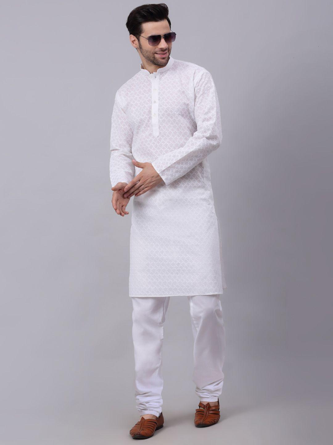 kraft india men white pleated pure cotton kurta with pyjamas