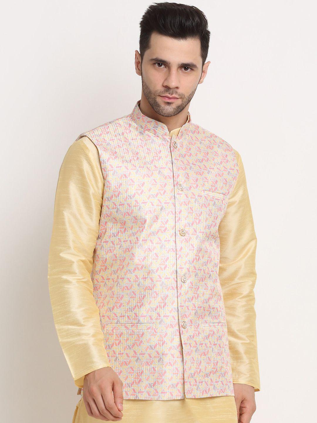 kraft india men yellow & pink printed nehru jacket