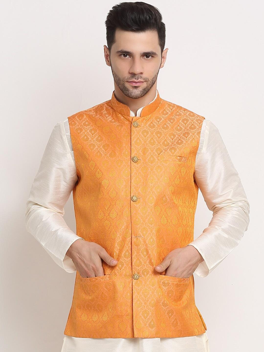 kraft india men yellow woven design jacquard nehru jacket