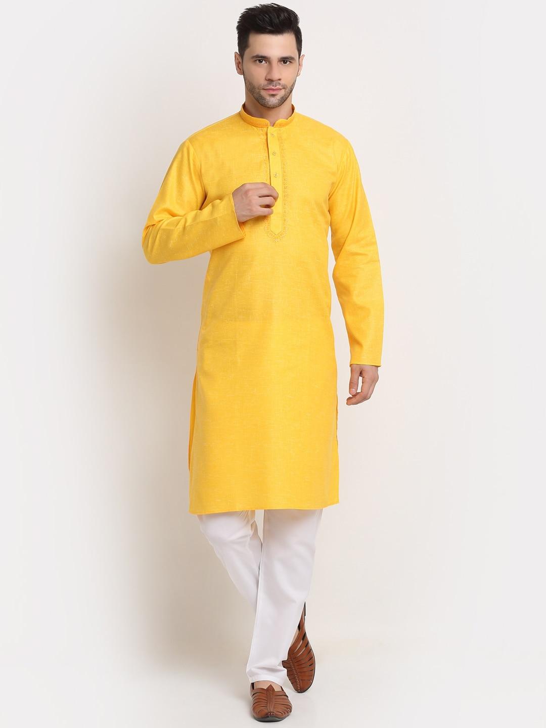 kraft india men yellow woven design kurta