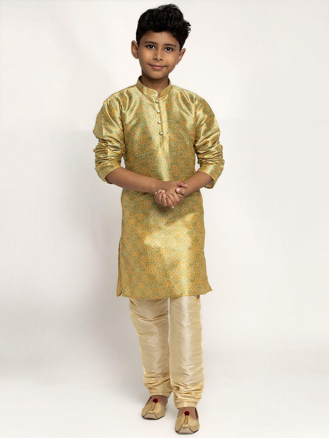 kraft india boys green & gold ethnic motifs printed silk kurta with churidar