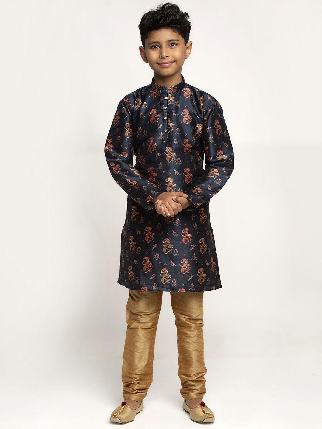 kraft india boys navy blue & gold-toned floral printed silk kurta with churidar