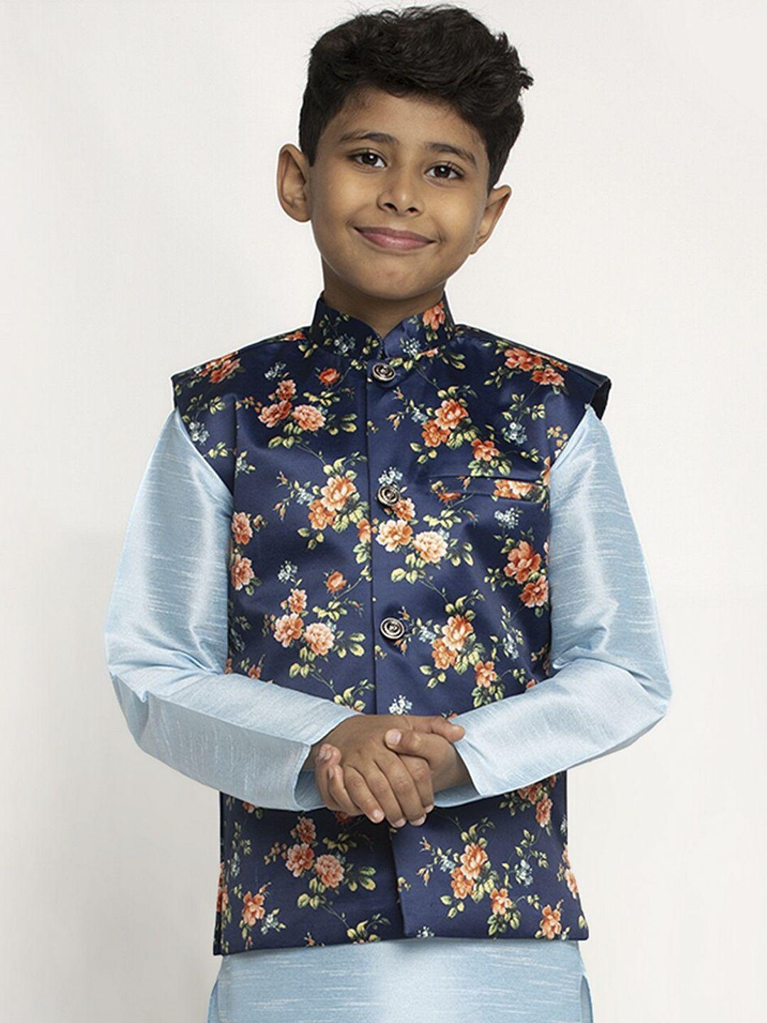 kraft india boys navy blue & orange printed satin nehru jacket