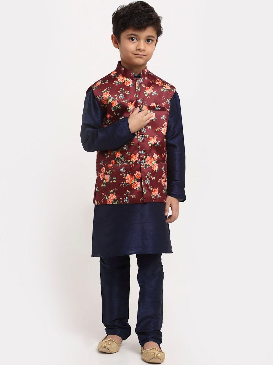 kraft india boys navy blue floral dupion silk kurta with pyjamas & nehru jacket