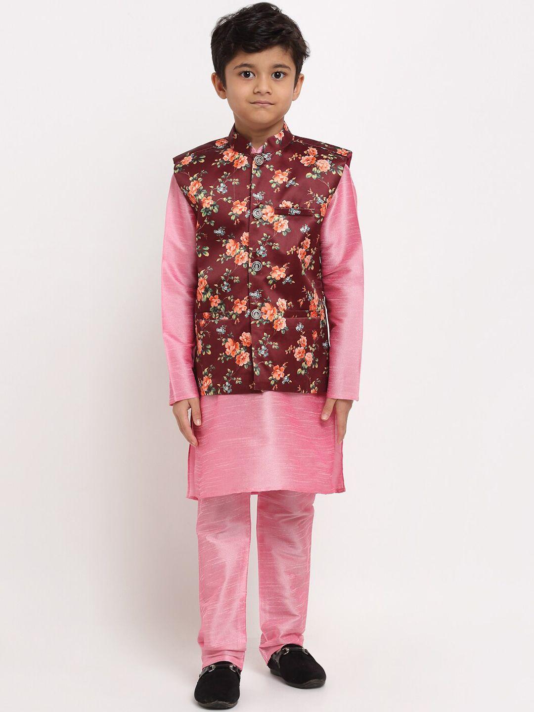 kraft india boys pink floral dupion silk kurta with pyjamas & nehru jacket