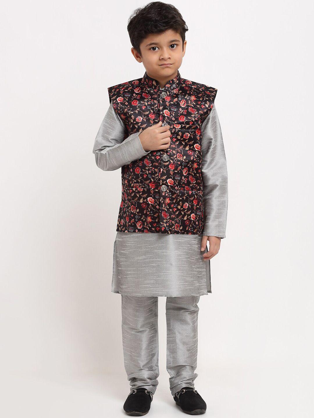 kraft india boys silver ethnic motifs dupion silk kurta with churidar & nehru jacket