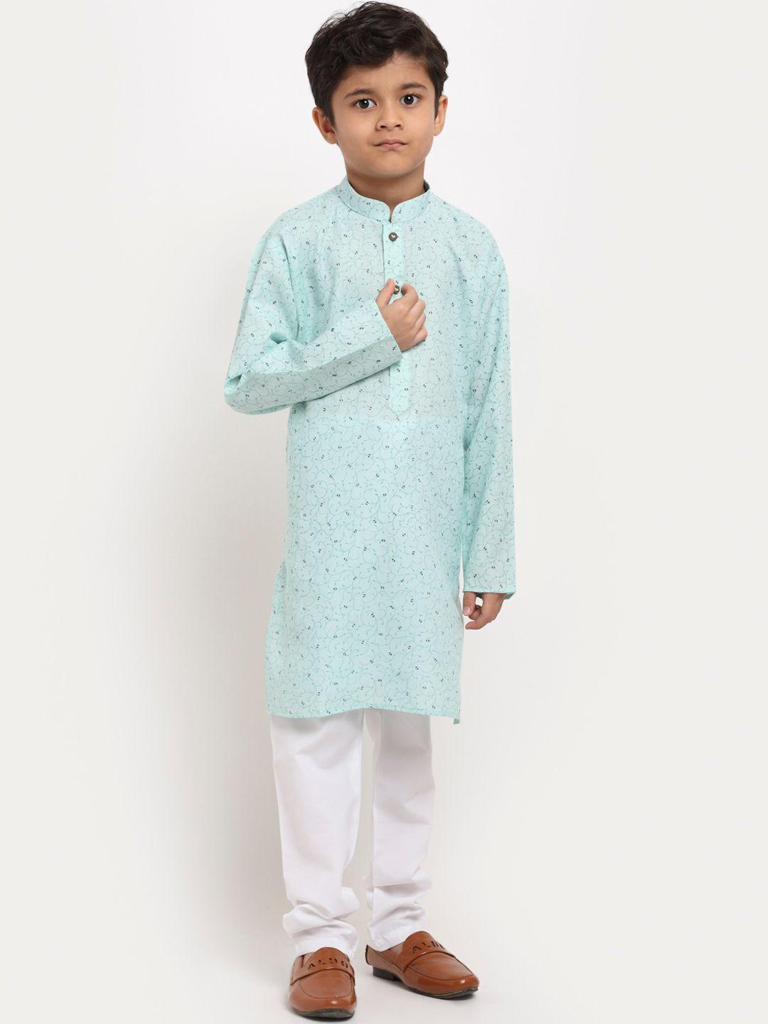 kraft india boys turquoise blue ethnic motifs printed regular pure cotton kurta with churidar