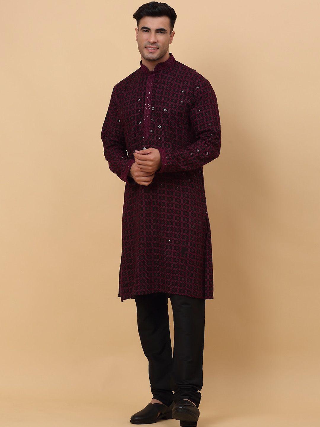 kraft india ethnic motifs embroidered mandarin collar sequinned straight kurta set