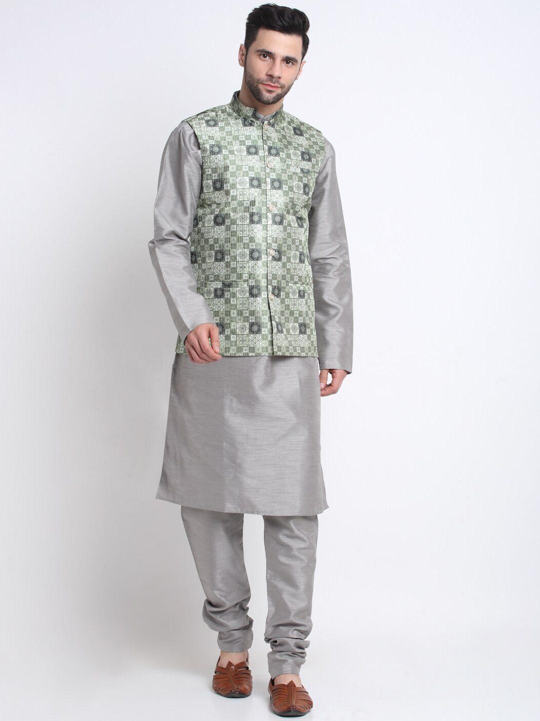 kraft india mandarin collar kurta with churidar & nehru jacket