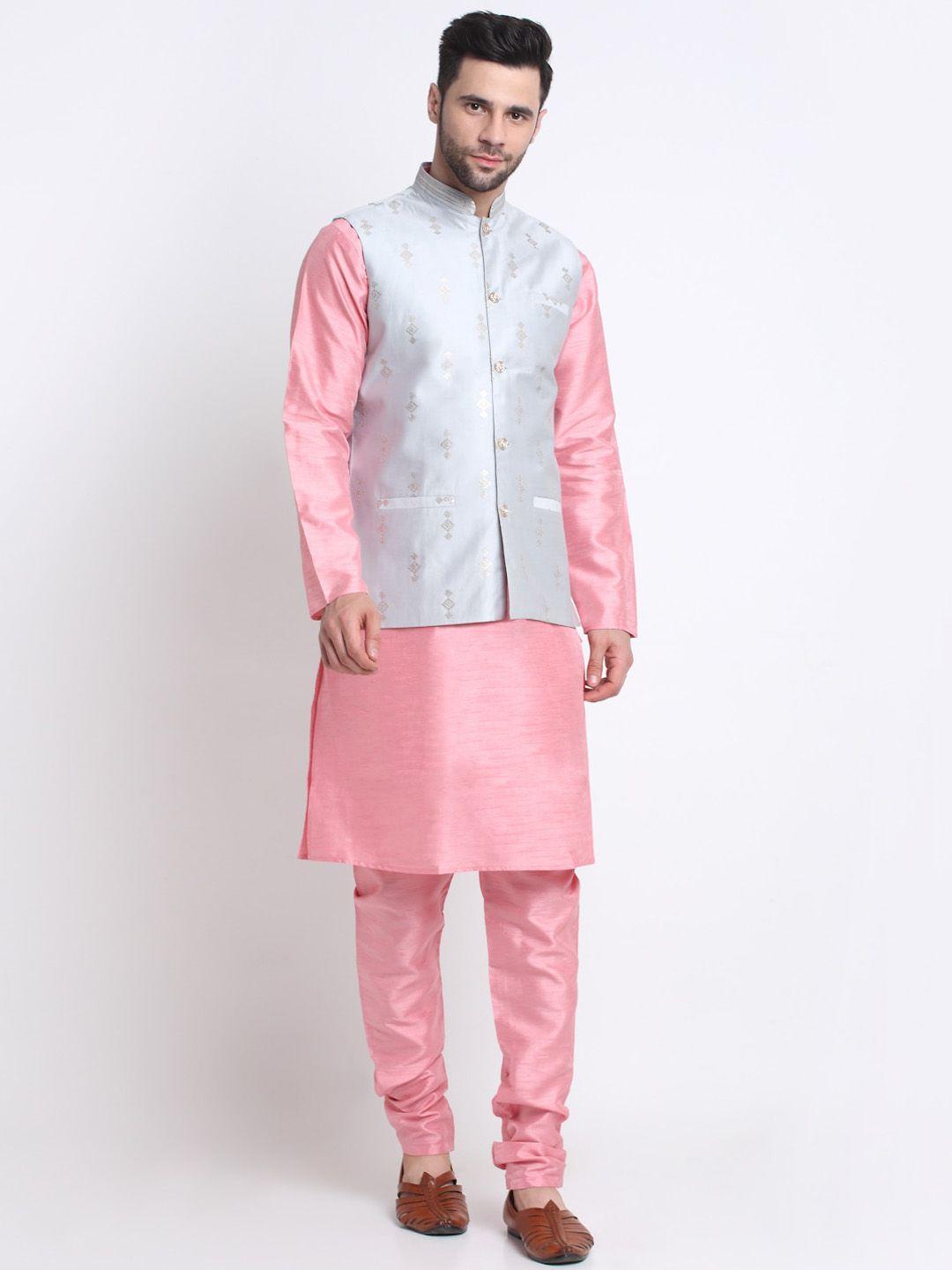 kraft india mandarin collar kurta with churidar & nehru jacket