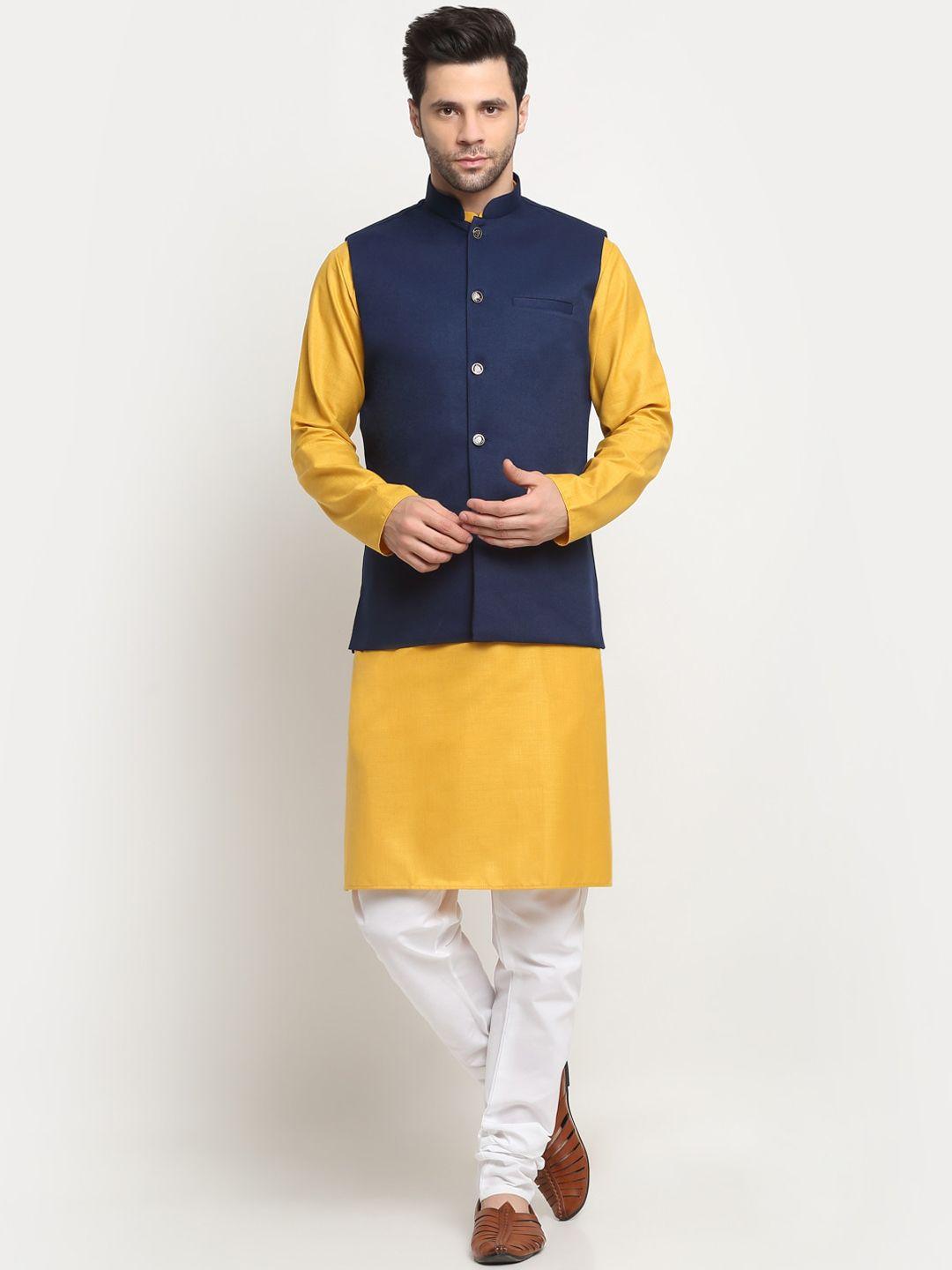 kraft india mandarin collar kurta with churidar & nehru jacket