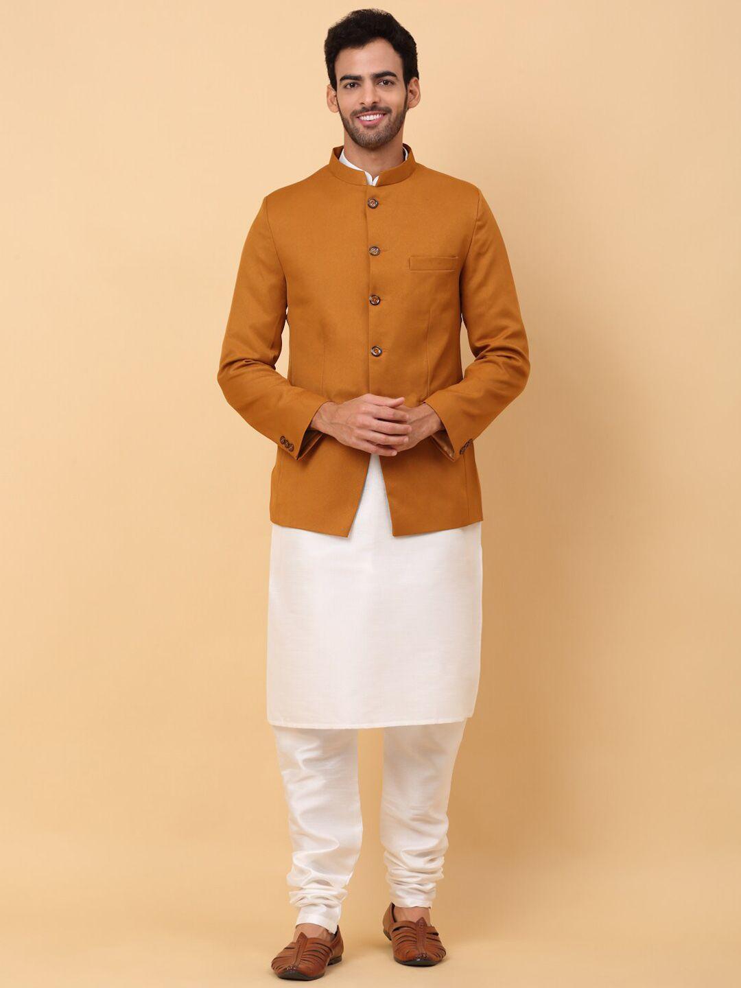 kraft india mandarin collar straight kurta & churidar with jacket