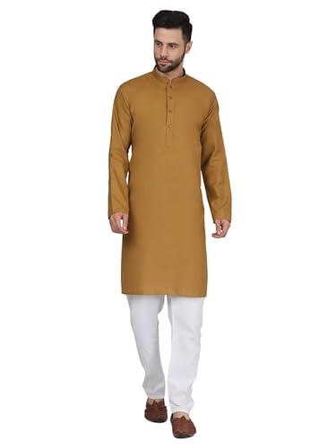 kraft india men's cotton gold solid kurta with drawstring pyjama set (size- small)