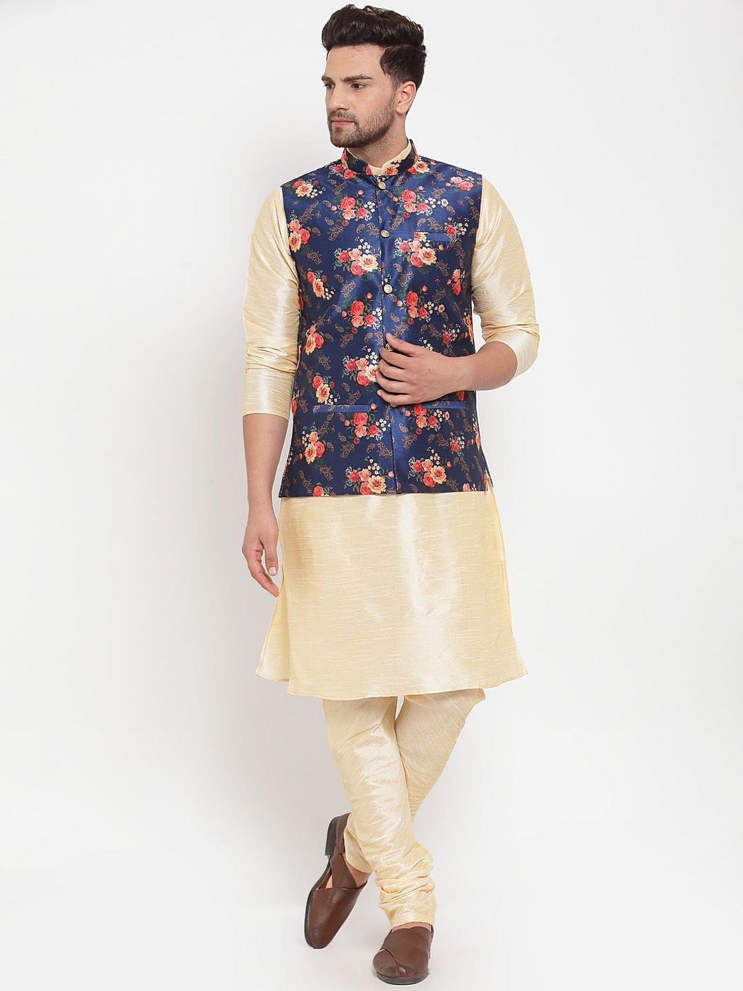 kraft india men beige & blue regular dupion silk kurta set with nehru jacket
