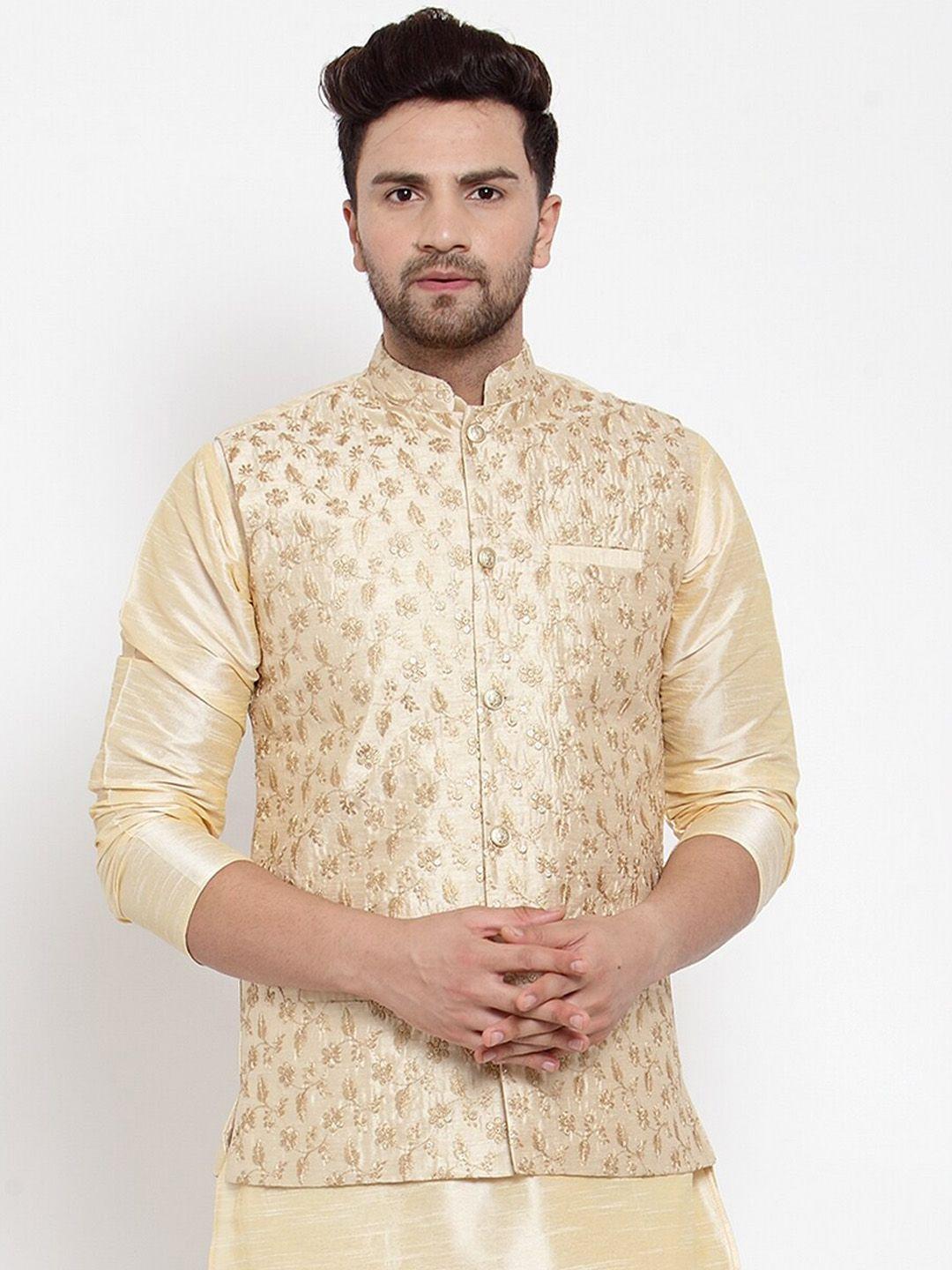 kraft india men beige & gold silk embroidered nehru jacket