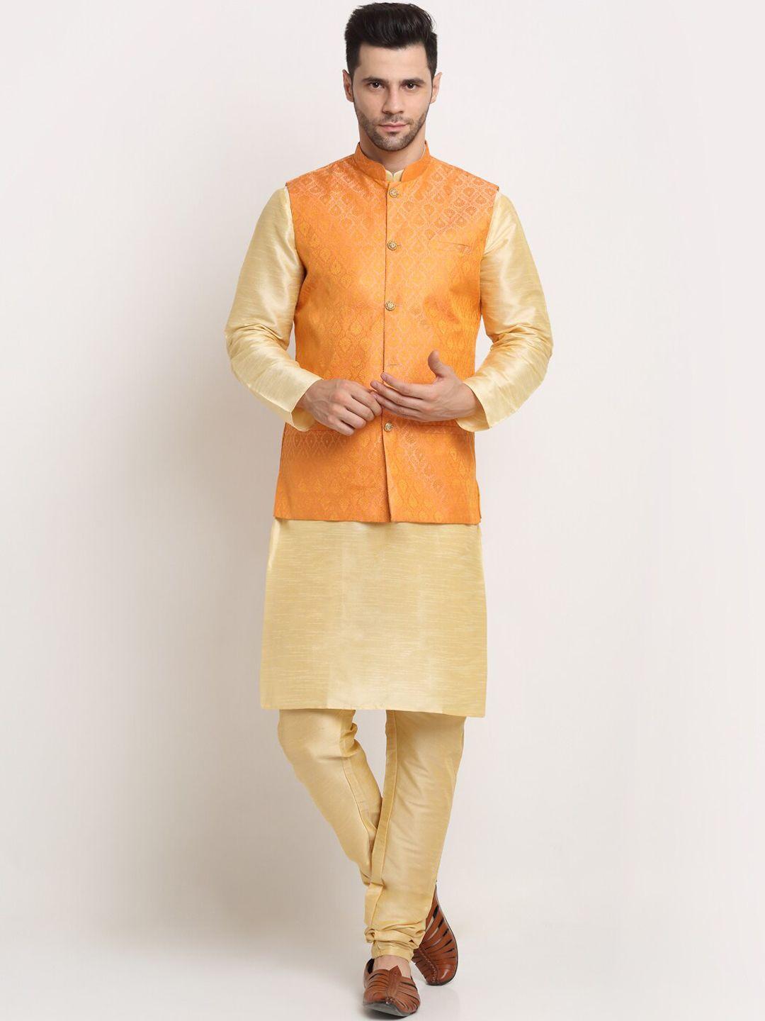 kraft india men beige ethnic motifs kurta with churidar &  with jacquard nehru jacket